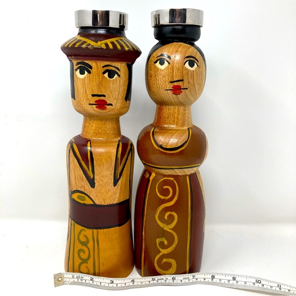 Large folk art wooden hand painted candle sticks - Picture 4 of 8